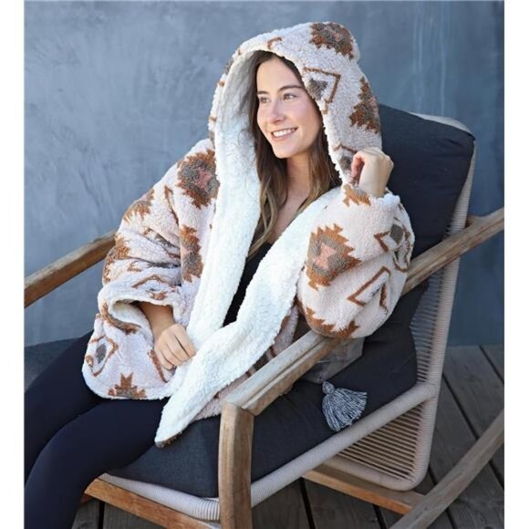 Reversible Aztec Tribal Print Sherpa Jacket Faux Fur Blanket Teddy Hoodie Jacket - Picture 4 of 6